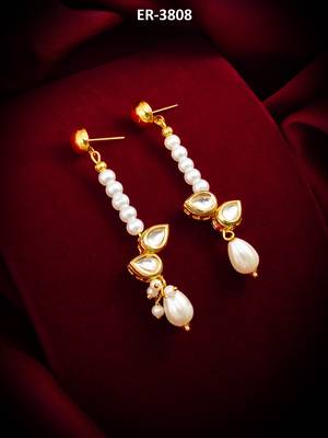 gold plated kundan and pearl beaded drop earrings 5