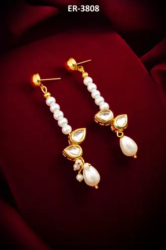 gold plated kundan and pearl beaded drop earrings