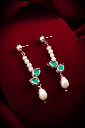 elegant silver plated green stone and pearl drop earrings