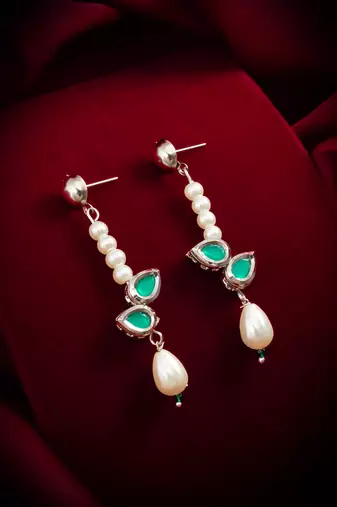 elegant silver plated green stone and pearl drop earrings
