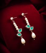 elegant silver plated green stone and pearl drop earrings