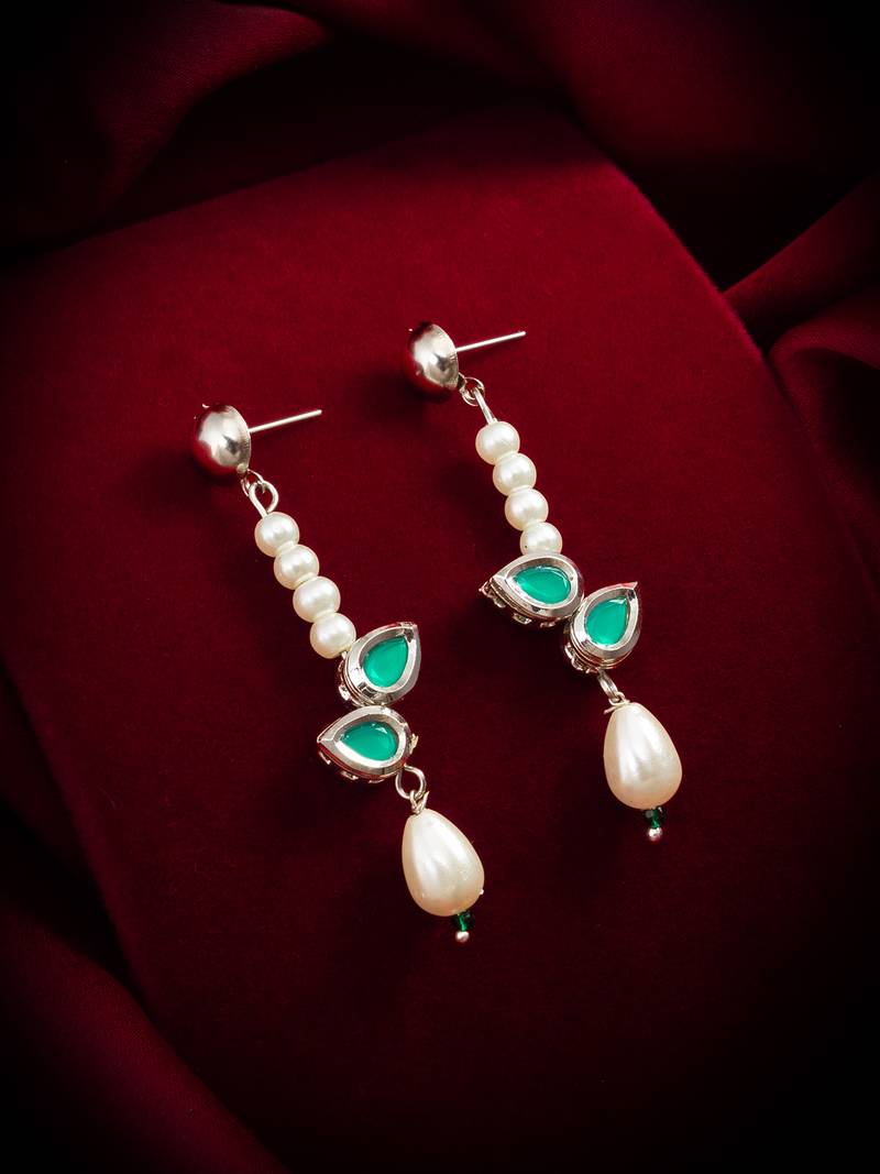 elegant silver plated green stone and pearl drop earrings
