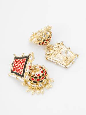 red enamel kundan pearl jhumka earrings 3