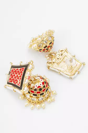 red enamel kundan pearl jhumka earrings