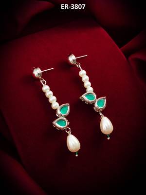 elegant silver plated green stone and pearl drop earrings 5
