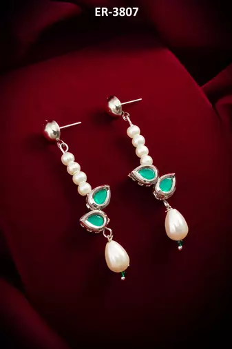 elegant silver plated green stone and pearl drop earrings