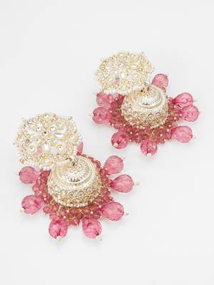 kundan pink beaded jhumka earrings 2