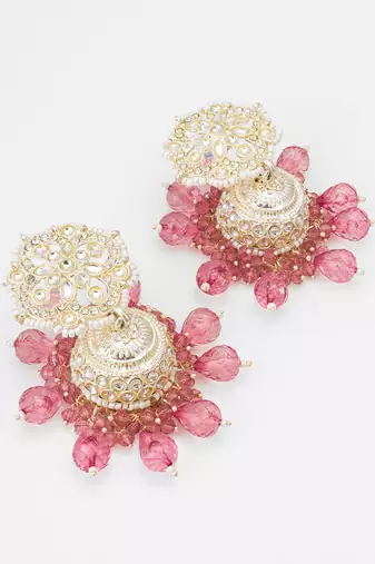 kundan pink beaded jhumka earrings