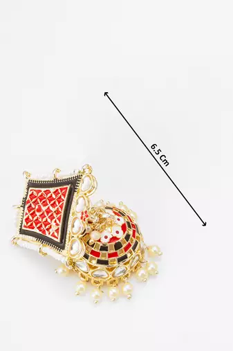 red enamel kundan pearl jhumka earrings