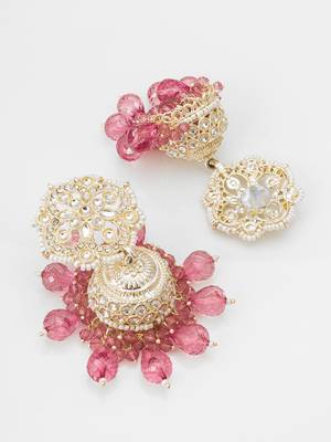 kundan pink beaded jhumka earrings 3
