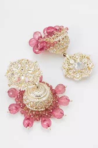 kundan pink beaded jhumka earrings