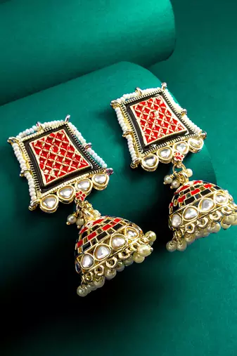 red enamel kundan pearl jhumka earrings