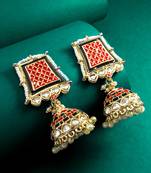 red enamel kundan pearl jhumka earrings