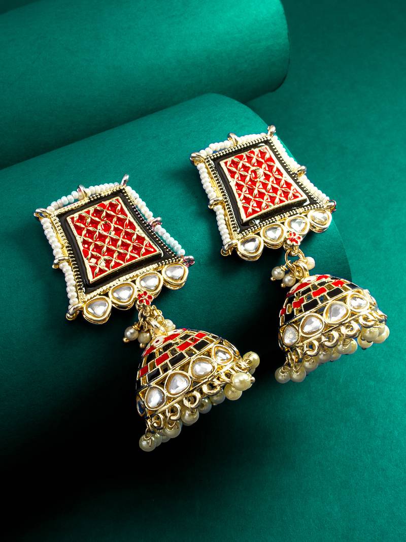 red enamel kundan pearl jhumka earrings