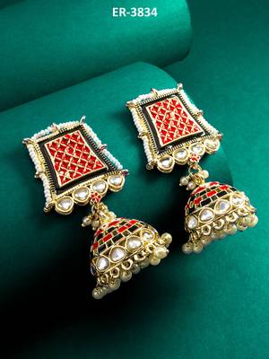 red enamel kundan pearl jhumka earrings 5