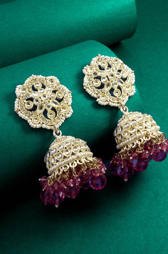 kundan pink beaded jhumka earrings