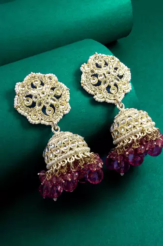 kundan pink beaded jhumka earrings