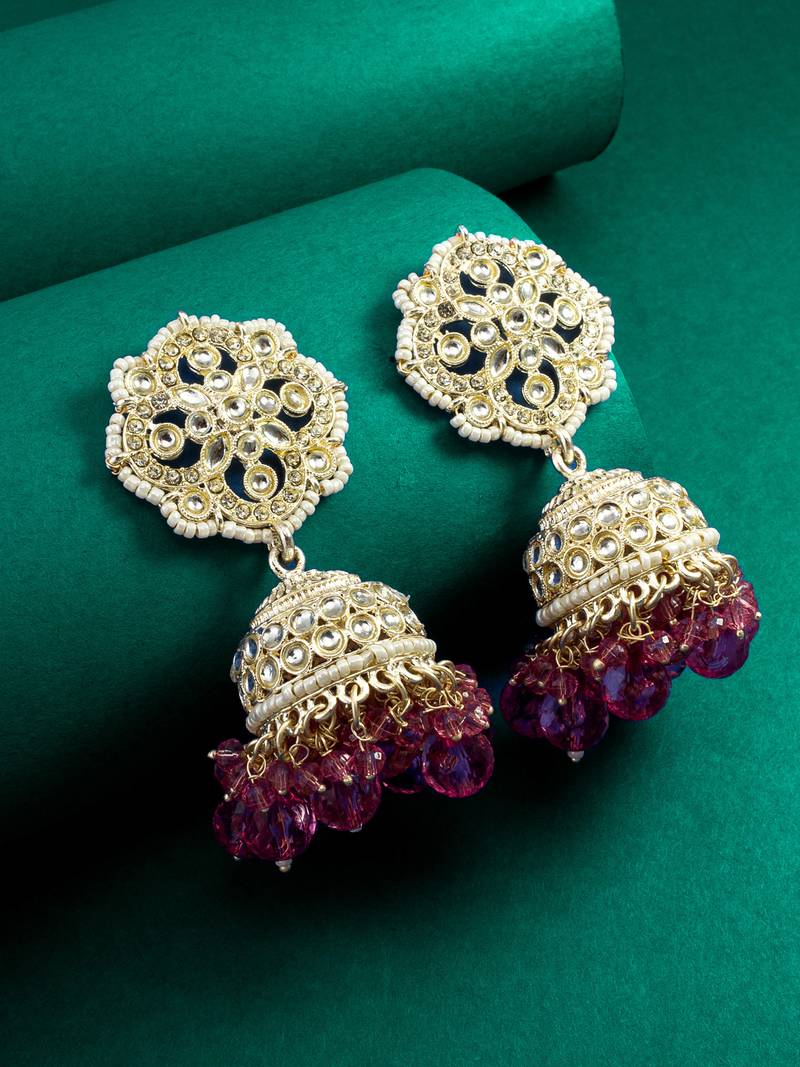 kundan pink beaded jhumka earrings