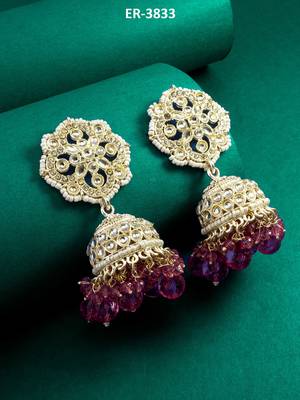 kundan pink beaded jhumka earrings 5