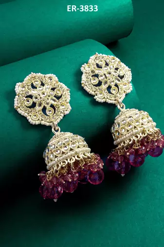 kundan pink beaded jhumka earrings