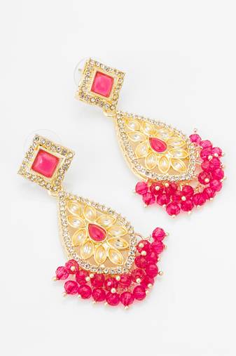 pink kundan drop earrings