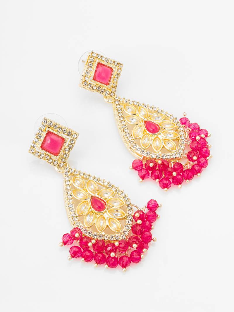 pink kundan drop earrings
