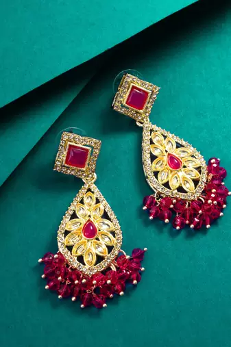 pink kundan drop earrings