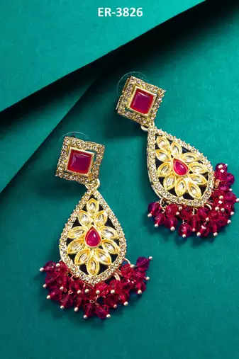 pink kundan drop earrings