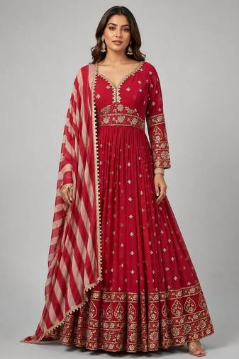 maroon georgette embroidered anarkali with dupatta.