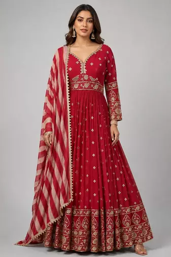 maroon georgette embroidered anarkali with dupatta.