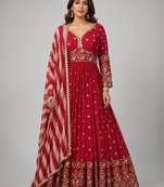 maroon georgette embroidered anarkali with dupatta.