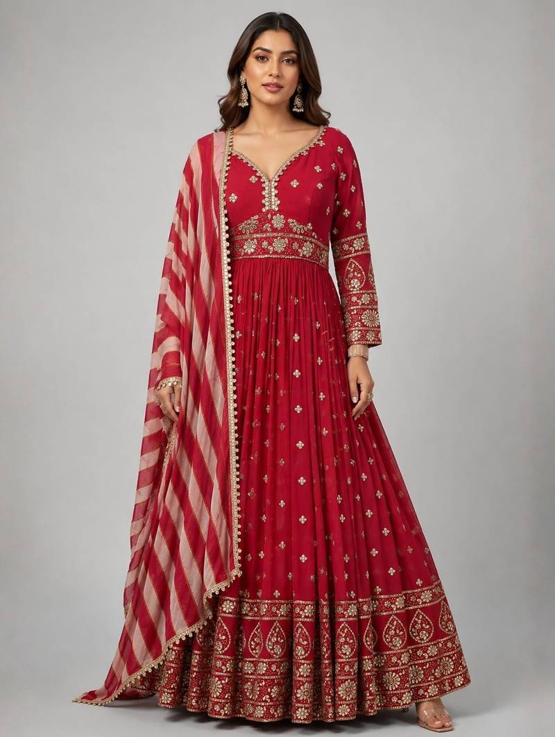 maroon georgette embroidered anarkali with dupatta.