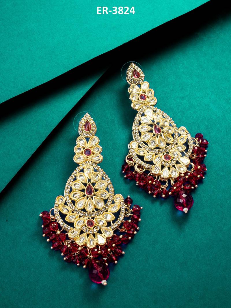 ruby red kundan chandbali style earrings