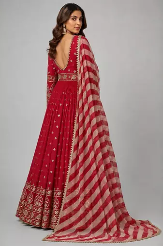 maroon georgette embroidered anarkali with dupatta.