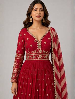 maroon georgette embroidered anarkali with dupatta. 3