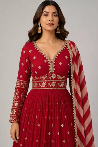 maroon georgette embroidered anarkali with dupatta.