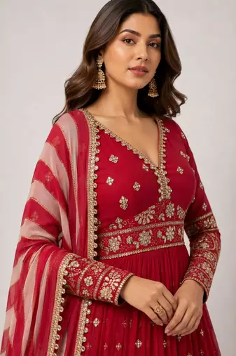 maroon georgette embroidered anarkali with dupatta.