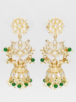 traditional kundan green bead pearl jhumka earrings 2