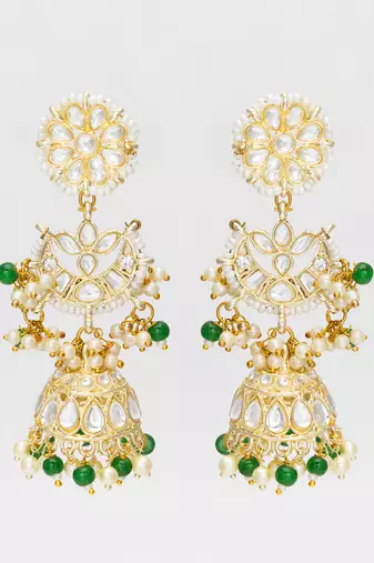 traditional kundan green bead pearl jhumka earrings