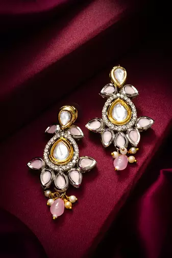 pink stone kundan traditional drop earrings