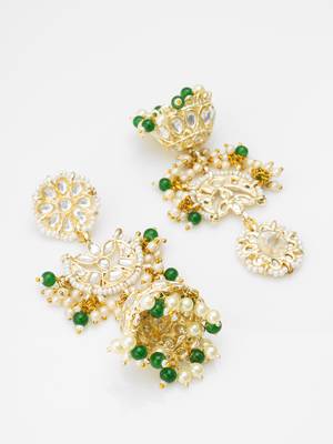 traditional kundan green bead pearl jhumka earrings 3