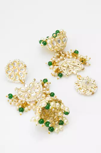 traditional kundan green bead pearl jhumka earrings