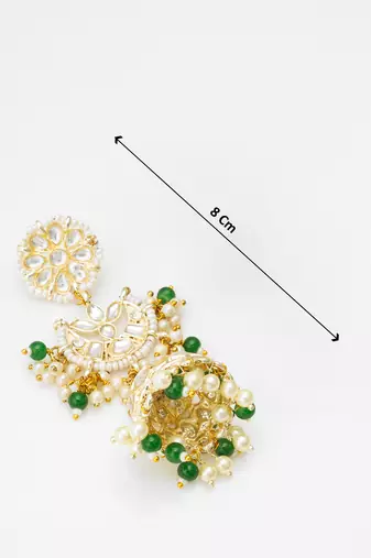 traditional kundan green bead pearl jhumka earrings