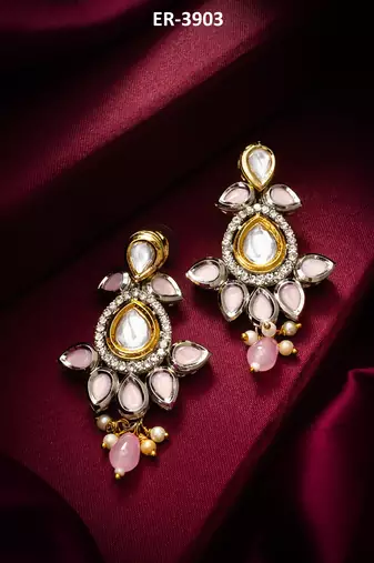 pink stone kundan traditional drop earrings