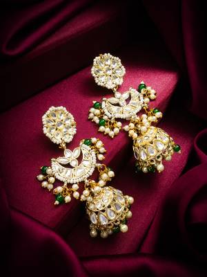 traditional kundan green bead pearl jhumka earrings 5