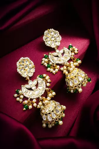 traditional kundan green bead pearl jhumka earrings