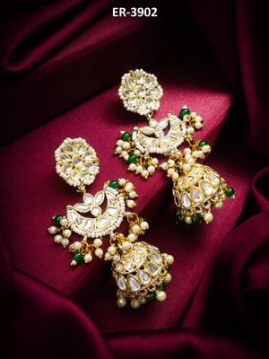 traditional kundan green bead pearl jhumka earrings 1