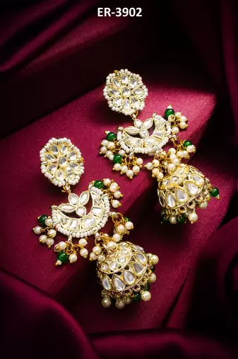 traditional kundan green bead pearl jhumka earrings