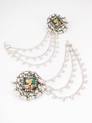 silver oxidized radha krishna earrings with pearl drop chains 1