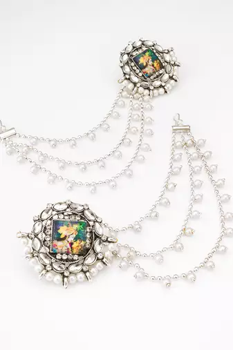 silver oxidized radha krishna earrings with pearl drop chains